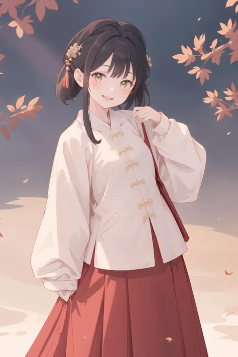 (best quality, masterpiece, highres),1girl,solo,smile,looking at viewer,scenery,<lora:mingStyle8:0.5>,hanfu,ming style,short coat,mamian skirt,round collar,overlapping collar,dynamic_angle,