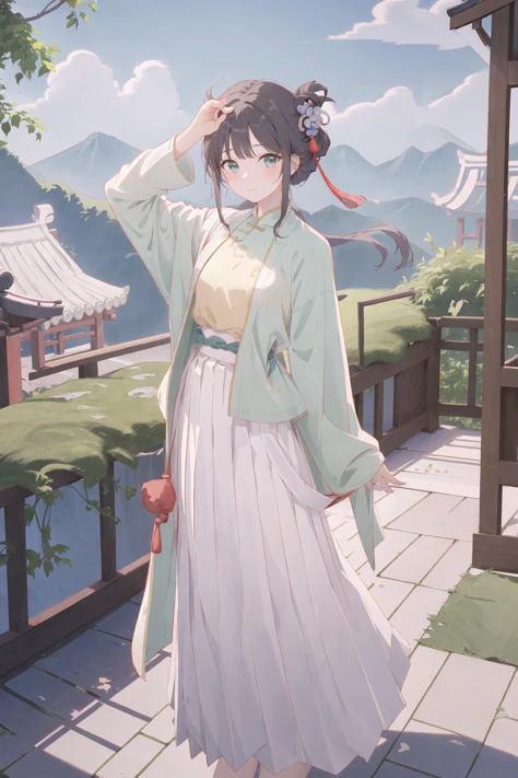 (best quality, masterpiece, highres),1girl,solo,closed mouth,looking at viewer,scenery,<lora:songStyle19:0.7>, aqua long shan,white pleated skirt,red songmo,chinese_style_loft,