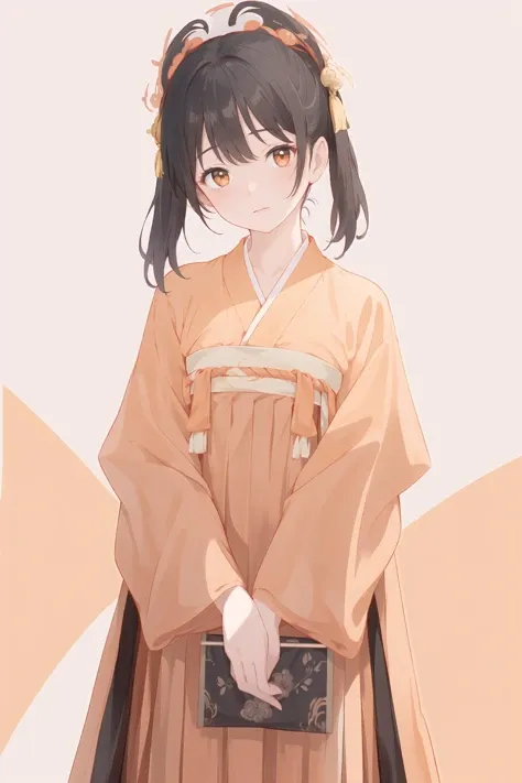 (best quality, masterpiece, highres),1girl,solo,closed mouth,looking at viewer,<lora:tangStyle26:0.65>,hanfu,tang style outfits,upper shan,orange chest pleated skirt,waistband,