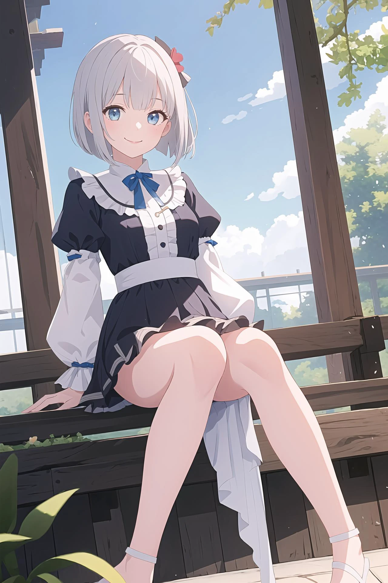 (best quality, masterpiece, highres),1girl,solo,smile,medium bob hair,flip flops,puffy_sleeves,dynamic_angle,sitting,