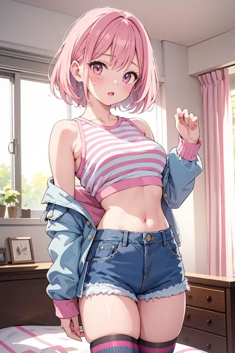 (masterpiece, best quality), 1girl, pink hair, crop top, denim shorts, bedroom, striped thighhighs,