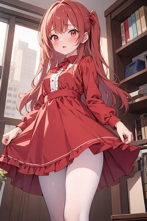 (masterpiece, best quality), 1girl, red dress, pantyhose, cute face, blush,