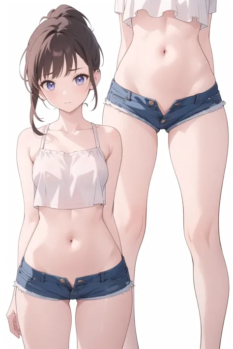 1girl, ponytail, emotionless,
loose crop top, covered (nipples:0.2), midriff,
lowleg micro shorts, open fly, groin, (cleft of venus:1.3), no panties,
(nsfw:0.8), multiple views, from below, from behind,
<lora:ExtremeMicroShorts:1>