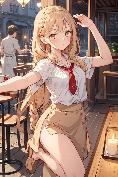 (masterpiece, best quality), female hundred years old, taut, gypsies, golden eyes, flat nose, round cheeks, , rose gold waterfall braid hair, pity wearing slip, tie-front blouse, boat shoes, , stretching pose, stretching the body with arms raised, showing off natural grace and poise, candlelight, flickering, intimate glow that casts dancing shadows on the characters faces, a cheerful café, with the aroma of freshly brewed coffee and friendly conversation