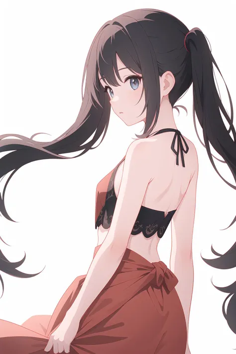 (best quality, masterpiece, highres),1girl,solo,twintails,sarong,sleeveless_dress,looking to the side,tamron sp 70mm,dynamic_angle,simple background,