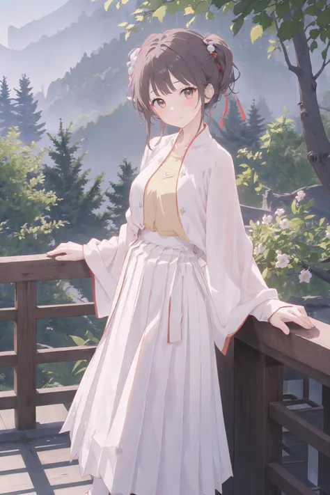 (best quality, masterpiece, highres),1girl,solo,closed mouth,looking at viewer,scenery,<lora:songStyle19:0.7>,short shan,white pleated skirt,red songmo,