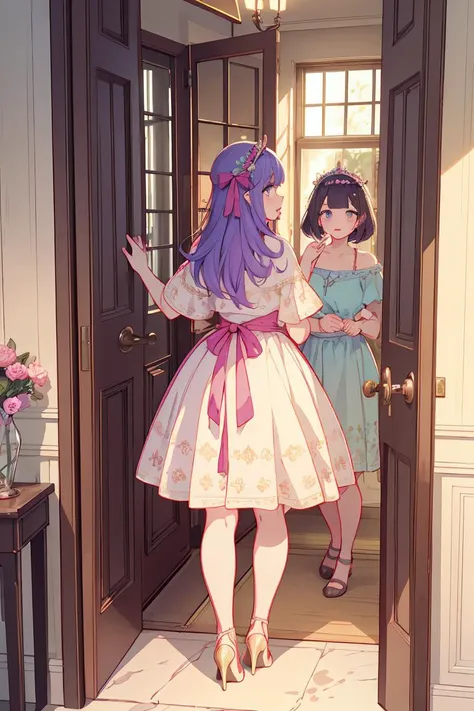 (masterpiece, best quality), female midlife, full-figured, berber, turquoise eyes, normal ears, round chin with cleft, hollow cheeks, unique forehead, sculpted calves, tongue, violet fringe haircut hair, satisfaction wearing embroidered hipster, wrap-around top, heels, floral crown with ribbon ties,, peeking from behind a door, peering from behind a slightly ajar door, creating an air of secrecy and allure, lens flares, dreamy flares adding a whimsical and romantic touch to the visuals, a family dinner gathering, with a beautifully set table and heartfelt conversations