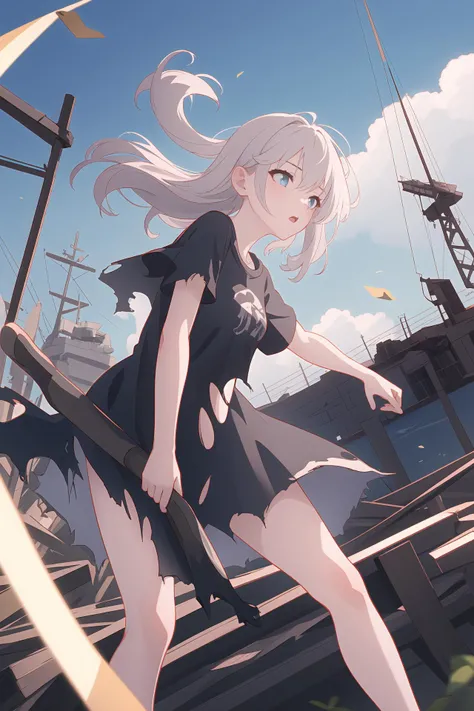 (best quality, masterpiece, highres),1girl,solo,clueless,torn clothes,hair ears,dress,short sleeve T-shirts,dynamic_angle,shipyard,fallen down,