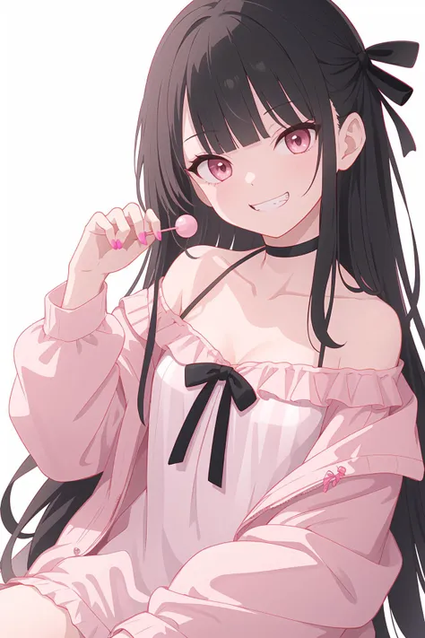 (best quality, masterpiece, highres),1girl,solo,long hair,black hair,blunt bangs,head tilt,evil grin,pink nails,candy,sweets,small breasts,collarbone,off shoulder,black ribbon,ribbon,bow,striped,