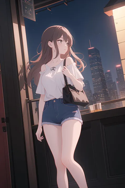 (best quality, masterpiece, highres),1girl,solo,thighs,denim shorts,handbag,looking away,cinematic_angle,city,夿,