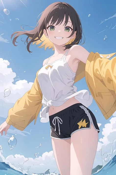 (best quality, masterpiece, highres),1girl,solo,grin,nihongami,board shorts,tuxedo,horizon,wind,shiny,in bubble,