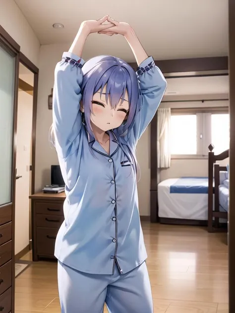 in bedroom, upper body, a girl, pajamas, close eyes, arms up, Join hands, Looks sleepy
<lora:arms up:0.7>