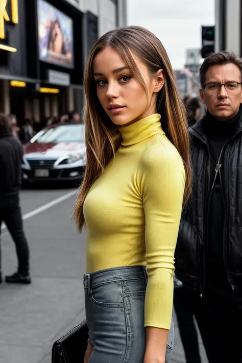 photo of extremely sexy (hgr1ce:0.99), a woman as a movie star, modelshoot style, (extremely detailed CG unity 8k wallpaper), photo of the most beautiful artwork in the world, professional majestic oil painting by Ed Blinkey, Atey Ghailan, Studio Ghibli, by Jeremy Mann, Greg Manchess, Antonio Moro, trending on ArtStation, trending on CGSociety, Intricate, High Detail, Sharp focus, dramatic, photorealistic painting art by midjourney and greg rutkowski, (yellow turtleneck top:1.2), ((movie premiere)), ((standing near a movie theater)), ((paparazzi in the background)), (looking at viewer:1.2), (detailed pupils:1.3), (closeup portrait:1.2)