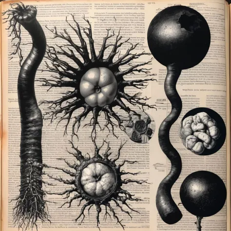 old book page with a drawing, bibilographic reference, black latex ooze, multiple stages of lifespan, inflitration unit, entrancing host, budding from the host, <lora:Xenomorph_book_sdxl:1.00>