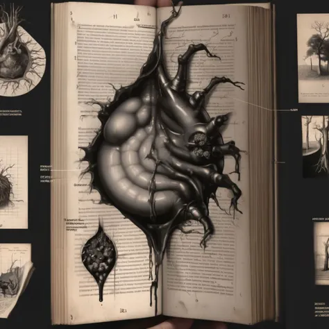 old book page with a drawing, bibilographic reference, black latex ooze, multiple stages of lifespan, inflitration unit, entrancing host, budding from the host, <lora:Xenomorph_book_sdxl:1.00>