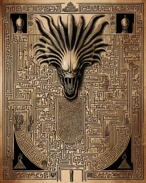 a drawing of a maze with a crown on top, xenomorph esoteric, xenomorph occult, ancient<lora:Xenomorph_Book_sdxl:1.0>