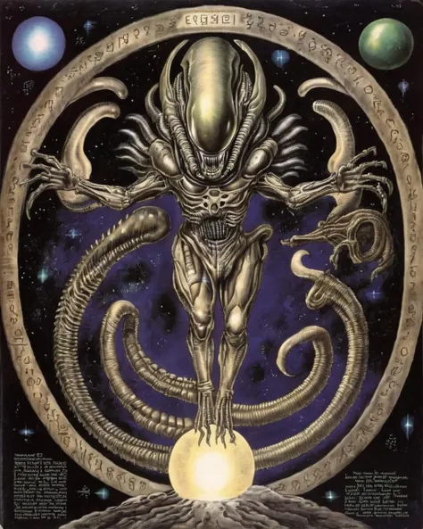Cosmic Chants: An esoteric look at Xenomorph-related chants, mantras, and incantations, examining their alleged connection to higher cosmic frequencies and mystical energies:1.6, Cosmic Chants:1.2, esoteric look:1.2, Xenomorph-related chants:1.1, mantras:1.1, incantations:1.1, connection:1.1, cosmic frequencies:1.1, mystical energies:1.1.<lora:Xenomorph_Book_sdxl:1.0>