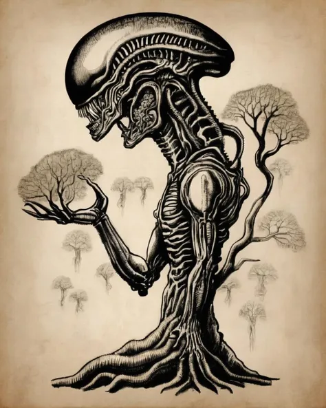 a drawing of a man with a brain and a tree , ((xenomorph))<lora:Xenomorph_Book_sdxl:1.0>