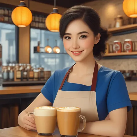 (masterpiece:1.2),1girl,pale_skin,realistic skin,large breasts,facing viewer,looking at viewer,A skilled barista wearing a stylish apron over a casual tee,crafting the perfect latte art in a cozy coffee shop,medium breast,vibrant colors,black hair,smile,masterpiece,best quality, <lora:XSfenlie:1>, masterpiece, best quality,