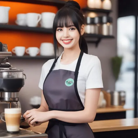 (masterpiece:1.2),1girl,pale_skin,realistic skin,large breasts,facing viewer,looking at viewer,A skilled barista wearing a stylish apron over a casual tee,crafting the perfect latte art in a cozy coffee shop,medium breast,vibrant colors,black hair,smile,masterpiece,best quality,
<lora:lalisaxl:1>,lalisaxl,, masterpiece, best quality,