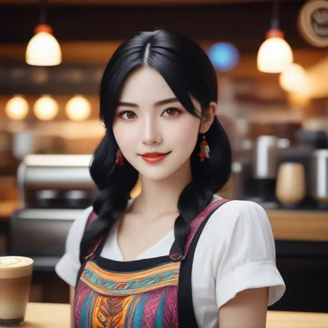 (masterpiece:1.2),1girl,pale_skin,realistic skin,large breasts,facing viewer,looking at viewer,A skilled barista wearing a stylish apron over a casual tee,crafting the perfect latte art in a cozy coffee shop,medium breast,vibrant colors,black hair,smile,masterpiece,best quality,
<lora:hinaigirl_sdxl_v4:1>,bohoai hinaigirl,, masterpiece, best quality,