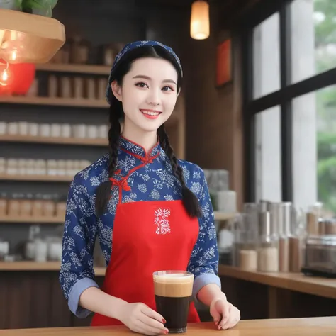 (masterpiece:1.2),1girl,pale_skin,realistic skin,large breasts,facing viewer,looking at viewer,A skilled barista wearing a stylish apron over a casual tee,crafting the perfect latte art in a cozy coffee shop,medium breast,vibrant colors,black hair,smile,masterpiece,best quality,
<lora:20240229-1709141278906:1>,Gannan Hakka costumes,, masterpiece, best quality,