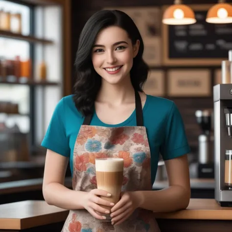 (masterpiece:1.2),1girl,pale_skin,realistic skin,large breasts,facing viewer,looking at viewer,A skilled barista wearing a stylish apron over a casual tee,crafting the perfect latte art in a cozy coffee shop,medium breast,vibrant colors,black hair,smile,masterpiece,best quality,
<lora:lora:0.5>,, masterpiece, best quality,