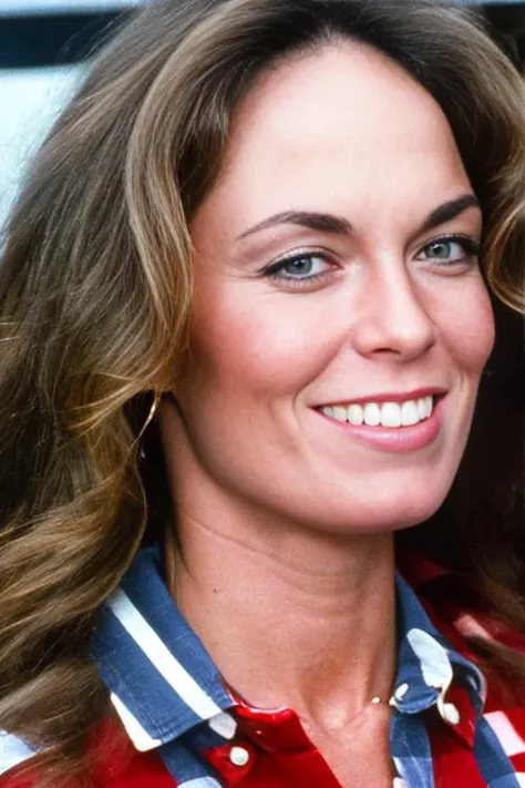 Close-up of (young) catherinebach (looking) at viewer; she is wearing full-length blue denim jeans and a red checked shirt; high detail on face, eyes and lips; interior location, press junket; professional photograph, Zeiss 50mm F8, award-winning photo, (muted) photographic stock, 1970s