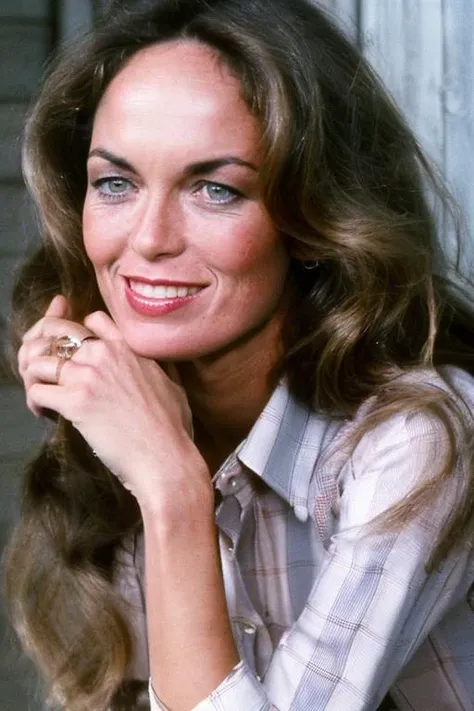 Upper-body professional publicity photo of (young) catherinebach (looking) at viewer, with high detail on face, eyes and lips; she is wearing full-length blue denim jeans and a ((red-and-white)) checked shirt; professional photograph, Zeiss 50mm F8, award-winning photo, (muted) photographic stock, 1970s