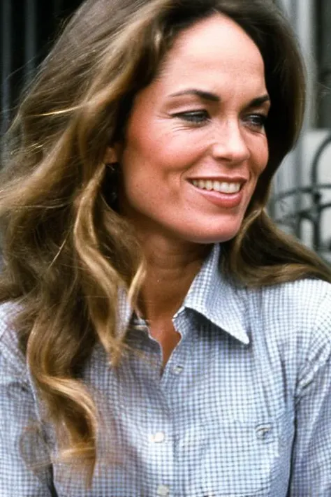 Upper-body professional publicity photo of (young) catherinebach (looking) at viewer, with high detail on face, eyes and lips; she is wearing full-length blue denim jeans and a ((red-and-white)) checked shirt; professional photograph, Zeiss 50mm F8, award-winning photo, (muted) photographic stock, 1970s