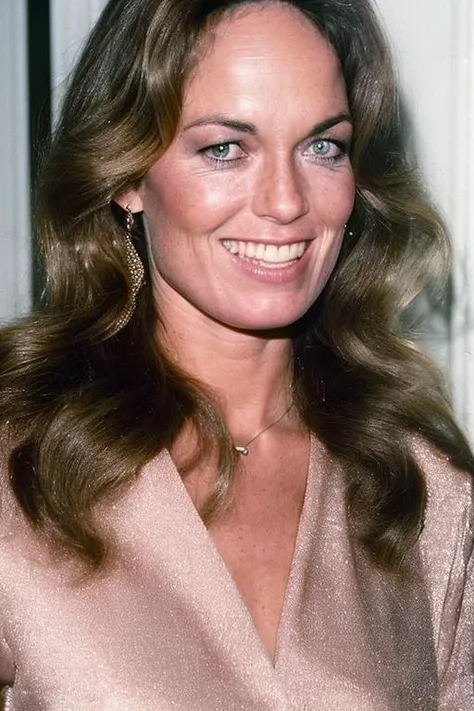 Close-up of (young) catherinebach (looking) at viewer; medium close-up in a (concealing) and modest evening (((dress))), with high detail on face, eyes and lips; interior location, press junket; professional photograph, Zeiss 50mm F8, award-winning photo, (muted) photographic stock, 1970s