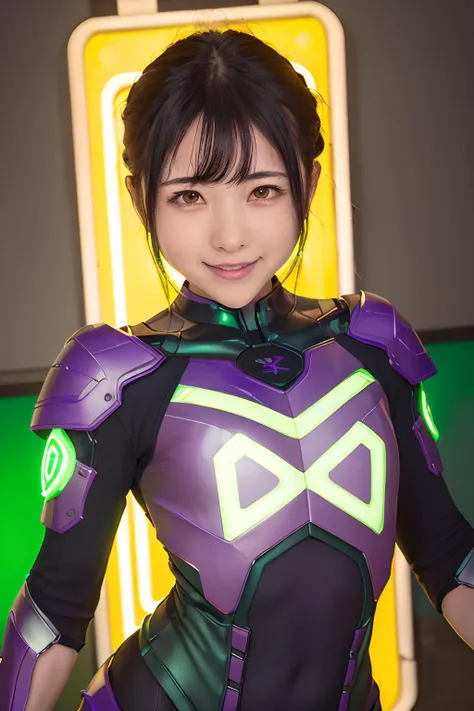 1girl, solo,masterpiece, high quality, highres,sfw, from front,standing,upper body,black hair,(tomboy:2),short hair,(purple tech armor with green neon light:1.3),looking at view,smile, cyberpunk style city,night, <lora:minazukiv1:.7>