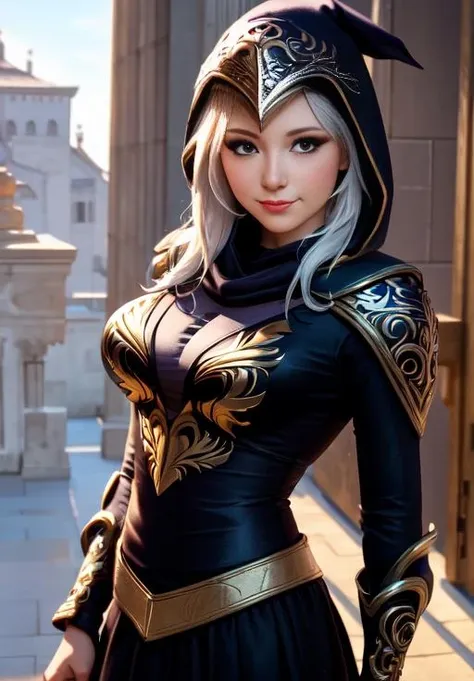 sfw, <lora:ashe:0.8>, ashe, 1girl, solo, smirk,, (masterpiece, best quality, absurdres, detailed, ultra-detailed:1.3), charming