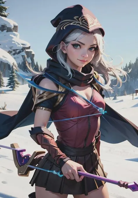 <lora:ashe:0.8>, ashe, smirk, holding bow (weapon), bow (weapon), arrow (projectile), (majestic, stunning, exquisite:1.3)