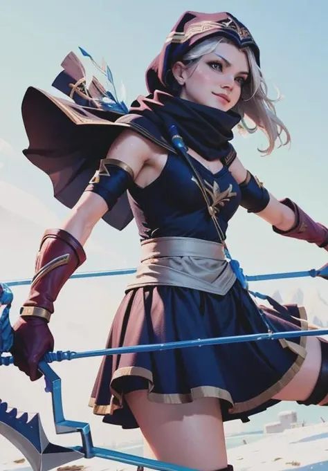 <lora:ashe:0.8>, ashe, smirk, holding bow (weapon), bow (weapon), arrow (projectile), (majestic, stunning, exquisite:1.3)