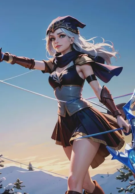 <lora:ashe:0.8>, ashe, smirk, holding bow (weapon), bow (weapon), arrow (projectile), (majestic, stunning, exquisite:1.3)
