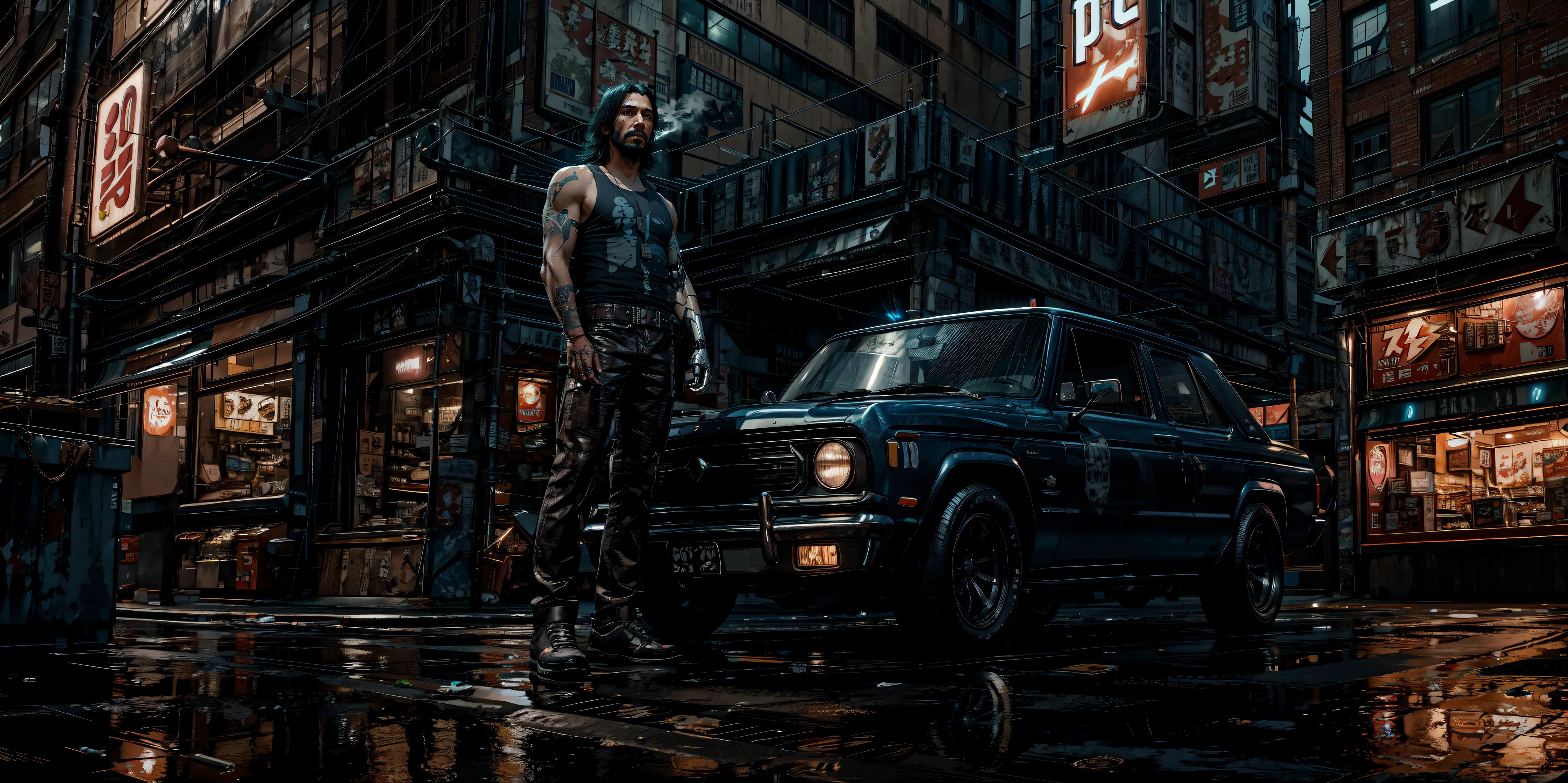 (masterpiece, best quality, high quality, highres, ultra-detailed, realistic, ray tracing), cyberjohnny, tank top, samurai, dog tags, belt, <lora:CyberJohnny:0.8>,