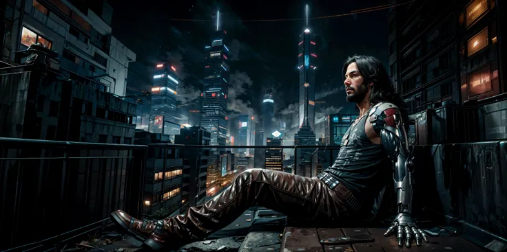(masterpiece, best quality, high quality, highres, ultra-detailed, realistic, ray tracing), cyberjohnny, tank top, dog tags, belt, samurai, <lora:CyberJohnny:0.8>,