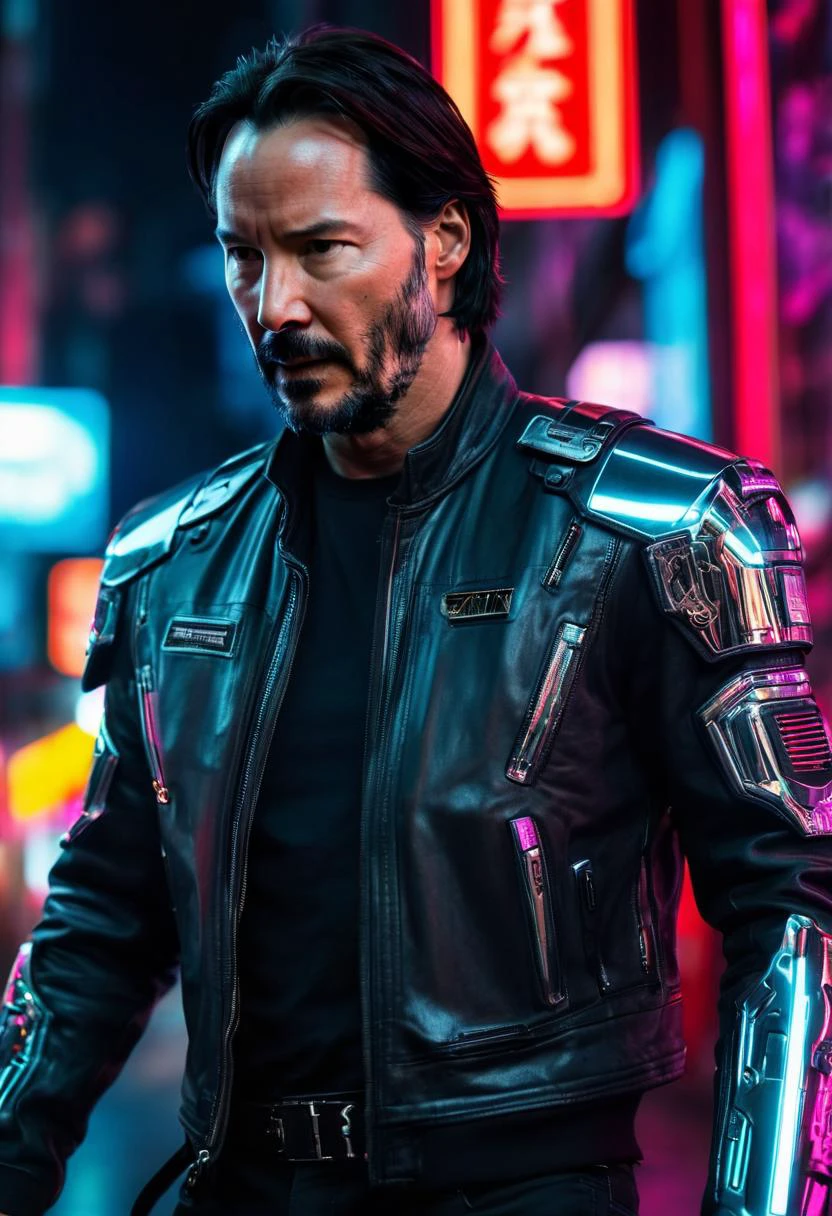 (((masterpiece))),(best quality),((ultra-detailed)),(intricate details), ((top quality, 8k wallpaper)), (high resolution:1.2), (ultra details:1.2), extreme quality, detailed face+eyes,(bright colors), vivid colors, extremely detailed, cinematic lighting, colorful details, natural lighting ,analog film, detailed skin, amazing composition, macro shot, a man ,CyberJohnny (CyberJohnny), (black aviator sunglasses), (keanu reeves:1), (silver bionic left arm), cyberpunk cityscape at night,Cyberpunk Style, Full Body Photoï¼Skin DetailsCar Photographyï¼ï¼neon color lights and signs <lora:CyberJohnny:0.9>