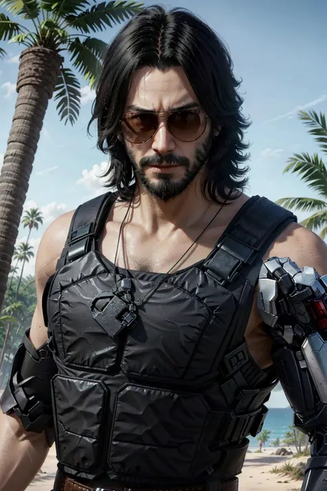 JohnnySilver, 1boy, male focus, solo, facial hair, sunglasses, realistic, single mechanical arm, mechanical arms, beard, black hair, tree, necklace, gloves, upper body
<lora:epi_noiseoffset2:1>, <lora:JohnnySilver:0.7>