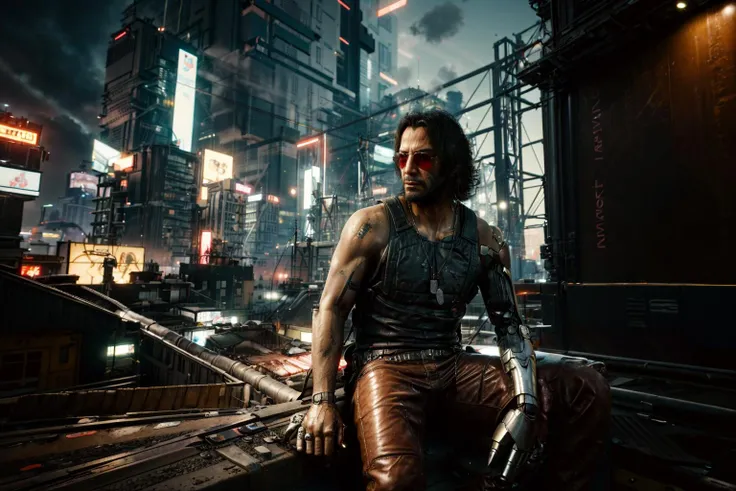 (SKS PERSON,A man wearing sunglasses on the roof),
RAW photo, subject, 8k uhd, dslr, soft lighting, high quality, film grain, Fujifilm XT3,
a city with a train on the tracks and a lot of tall buildings in the background with a sky line,
a futuristic building with a large screen and a car in the middle of the building and a lot of lights,
cyberpunk art, retrofuturism ,unreal, science fiction,
(masterpiece:1.2), (best quality:1.2), (high resolution:1.2),
<lora:2077_Style:0.7>, 2077_Style,
<lora:CyberJohnny:0.8>,( CyberJohnny),1boy, facial hair, (single mechanical arm:1.4), medium full shot,
<lora:locon_keanu_v1_from_v1_64_32:0.9>,SKS PERSON, <lora:more_details:0.5>