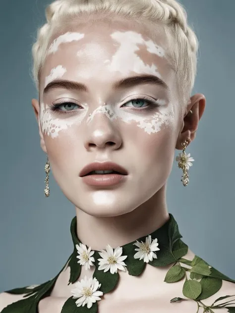 harper's bazaar fashion editorial style of a white elf with vitiligo , pale skin, floral organic dreamy, <lora:Vitiligo:0.8> , high fashion, trendy, stylish, editorial, magazine style, professional, highly detailed