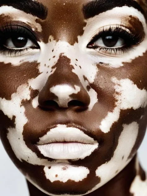 a fashion editorial photography of a vitiligo white woman, by angela deane, , <lora:Vitiligo:0.7>