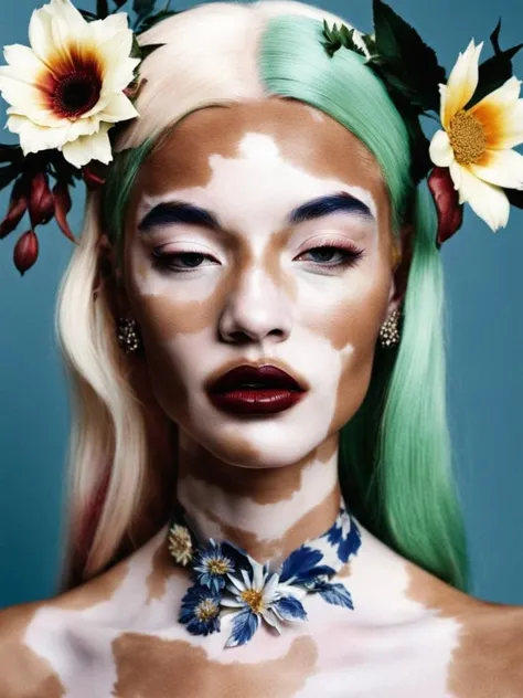 Vivienne Westwood fashion editorial style of a white unicorn with vitiligo , pale skin, floral organic dreamy, <lora:Vitiligo:0.8> , high fashion, trendy, stylish, editorial, magazine style, professional, highly detailed