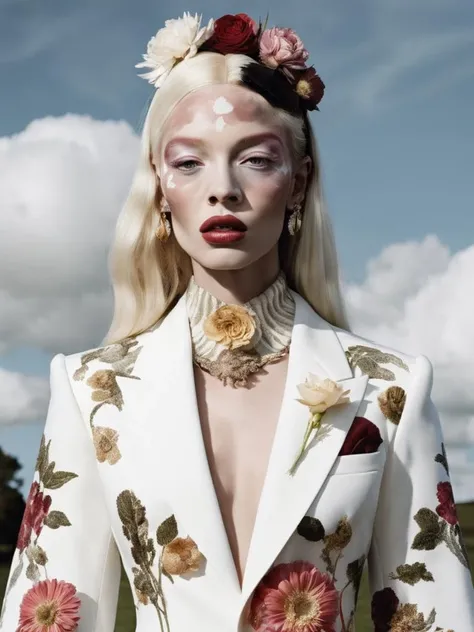 Vivienne Westwood fashion editorial style of a white unicorn with vitiligo , pale skin, floral organic dreamy, <lora:Vitiligo:0.8> , high fashion, trendy, stylish, editorial, magazine style, professional, highly detailed