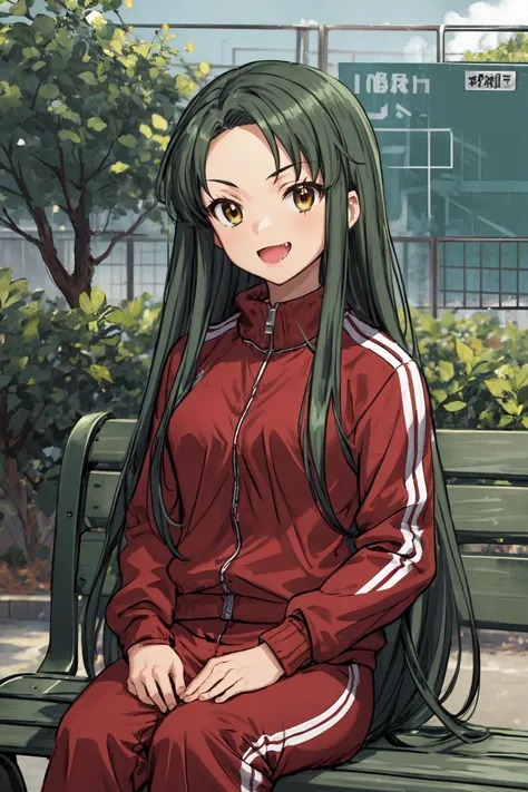 (masterpiece),best quality, <lora:Tsuruya:0.9>,tsuruya, track suit, fang, upper body, portrait, sitting, park bench, park, <lora:Adddetail:0.7>