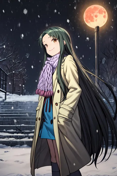 (masterpiece),best quality, <lora:Tsuruya:0.9>,tsuruya, coat, scarf, kita school uniform, blue skirt, kneehighs, smile, closed mouth, backpack, close, winter, snowing,snow, walking, street, harsh ascent, side tree, fog, (night:1.2), bloodmoon, visible breath, looking at the viewer, <lora:Adddetail:0.7>