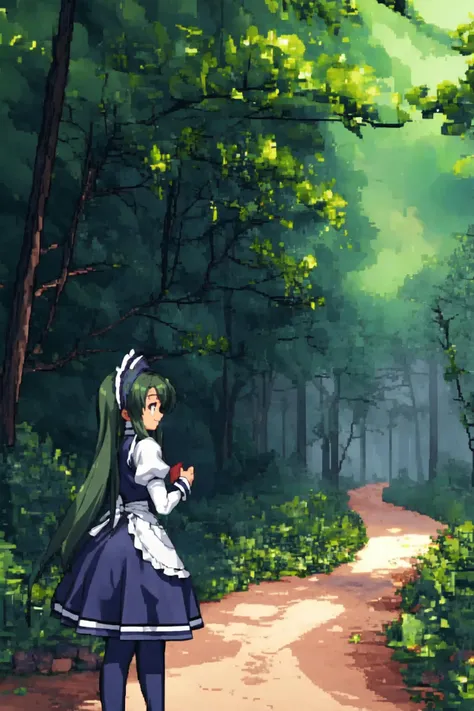 (masterpiece),best quality, <lora:Tsuruya:0.9>,tsuruya, hairband, maid, waitress outfit,official alternate costume, pantyhose, smile, dense forest, dirt path, fog, mist, cloudy day, close, <lora:pixel:0.8>, pixelart, <lora:Adddetail:0.7>