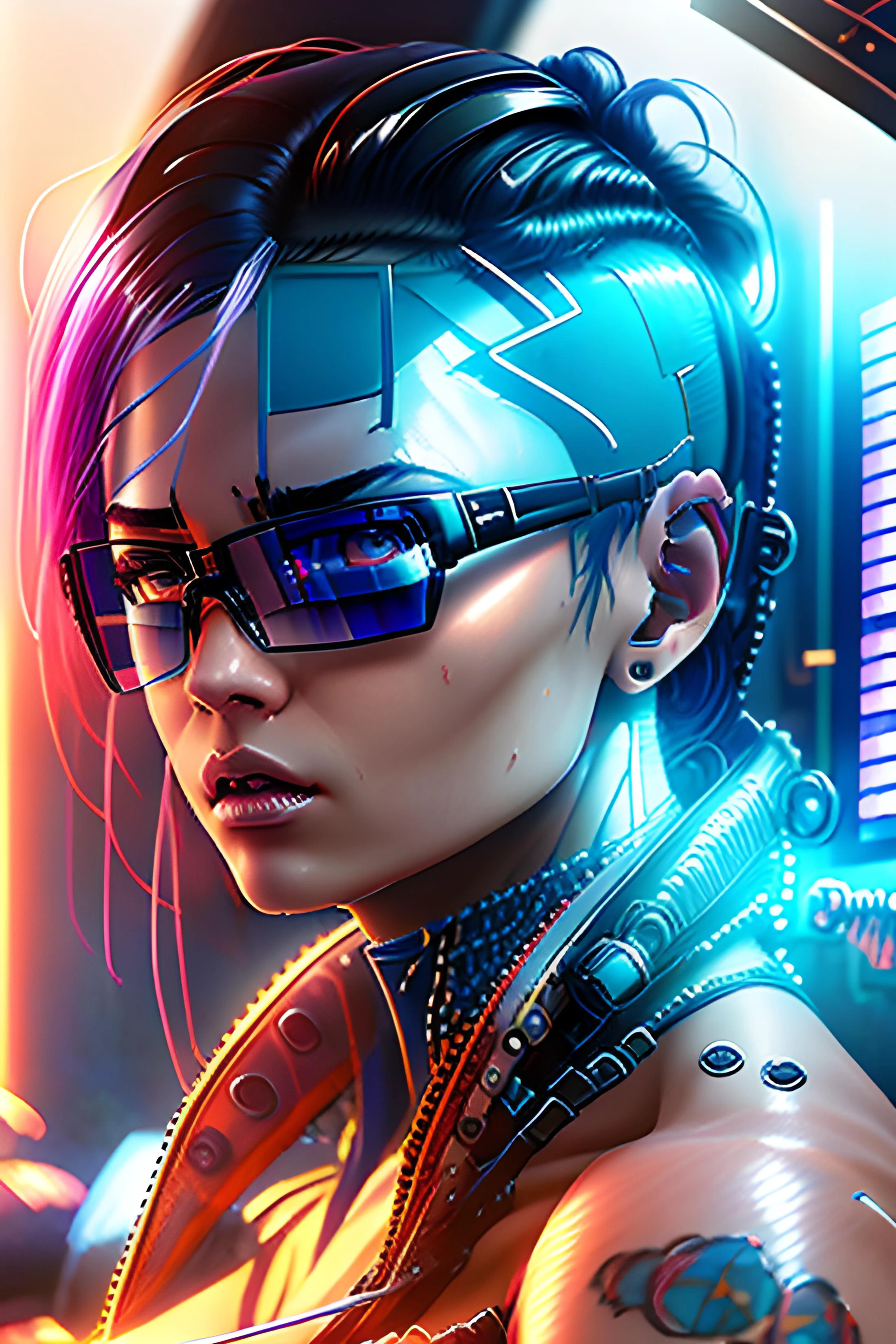 portrait of a cyberpunk hacker at her computer, asymmetrical haircut, futuristic glasses by dan mumford, yusuke murata, makoto shinkai, ross tran, cosmic, intricate detail, cinematic, 8 k, cel shaded, unreal engine, featured on artstation, pixiv, LegalNudity, rimglow <lora:sdprompt:0.59> <lora:detail_slider_v4:4.07> <lora:LegalNudity:0.64> <lora:npm-v11suk10m:0.97> <lora:ClothingAdjuster3:0.55> <lora:rimglow:0.71> <hypernet:sxzBloom_sxzBloom:0.58> <hypernet:mjv4Hypernetwork_v1:0.57>
