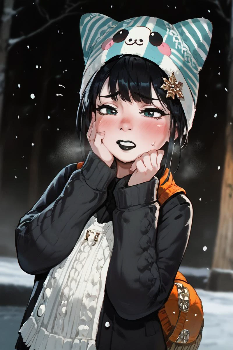 score_9, score_8_up, score_7_up, masterpiece, best quality, ultra quality, nsfw, rating_explicit,
1girl, solo, cute girl, black tshirt, striped snow hat with ears, black lips, rosy cheeks, embarrassed,
<lora:hand 4:1> hand, perfect hands, <lora:shadman_style_v4:1>